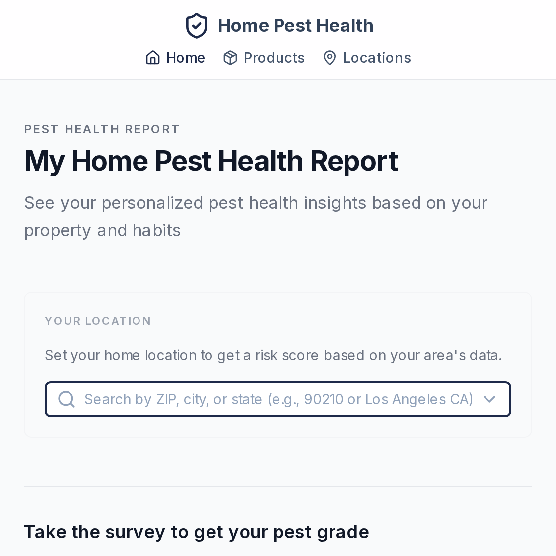 The Home Pest Health report page with its ZIP-code risk search